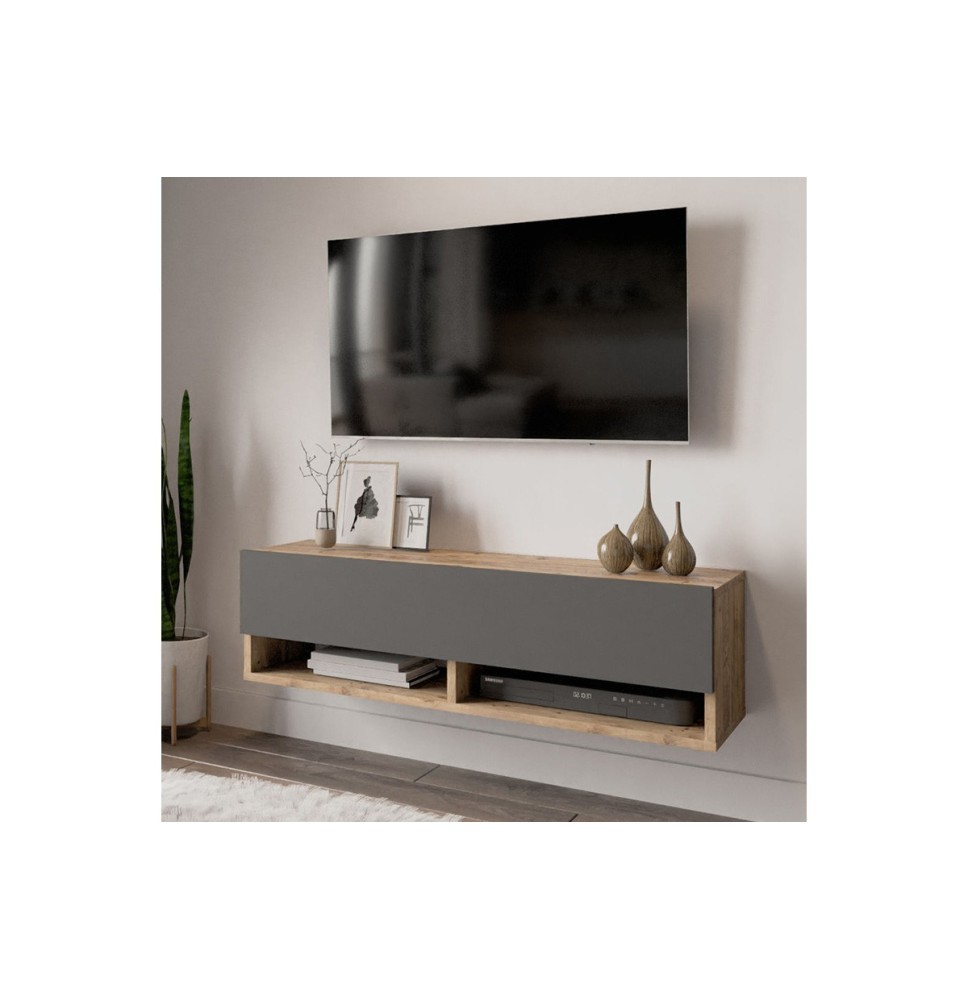 Mueble TV Moderno con 1 Puerta y Estantes en Melamina Color Antracita y Cambria - 100x31.5x29.6cm